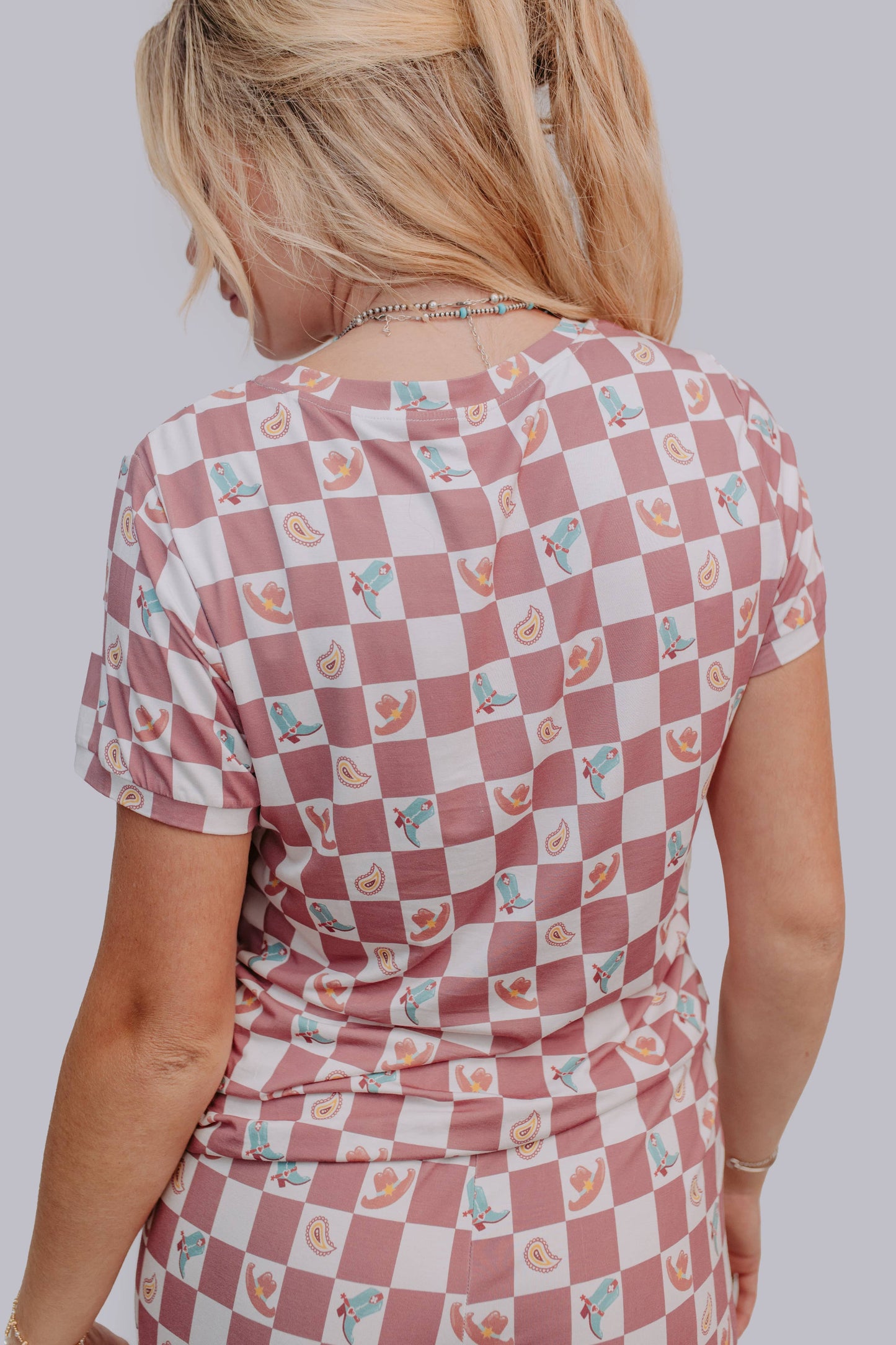 Western Checkers Modal Pajamas Shorts Set: Mauve