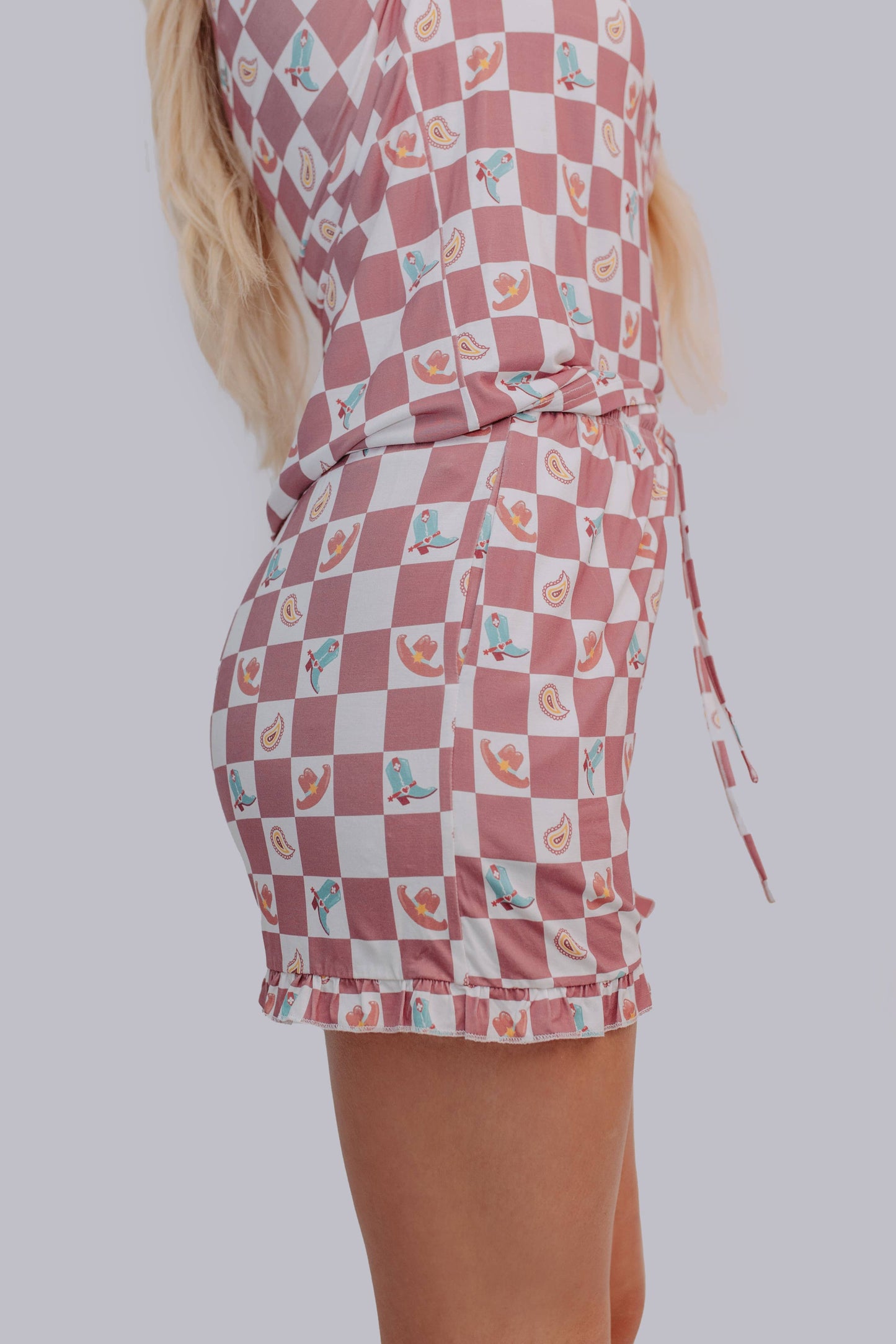 Western Checkers Modal Pajamas Shorts Set: Mauve