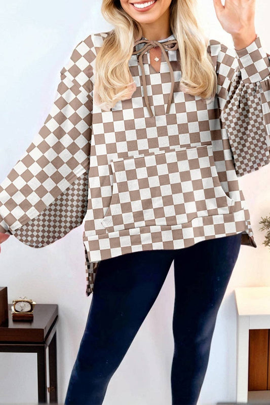 Checker Patchwork Drawstring Oversized Hoodie