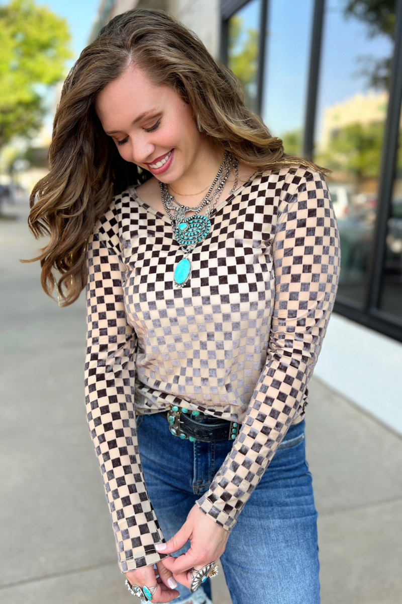 Sweet Dreams Velvet Mesh Top Crew Neck