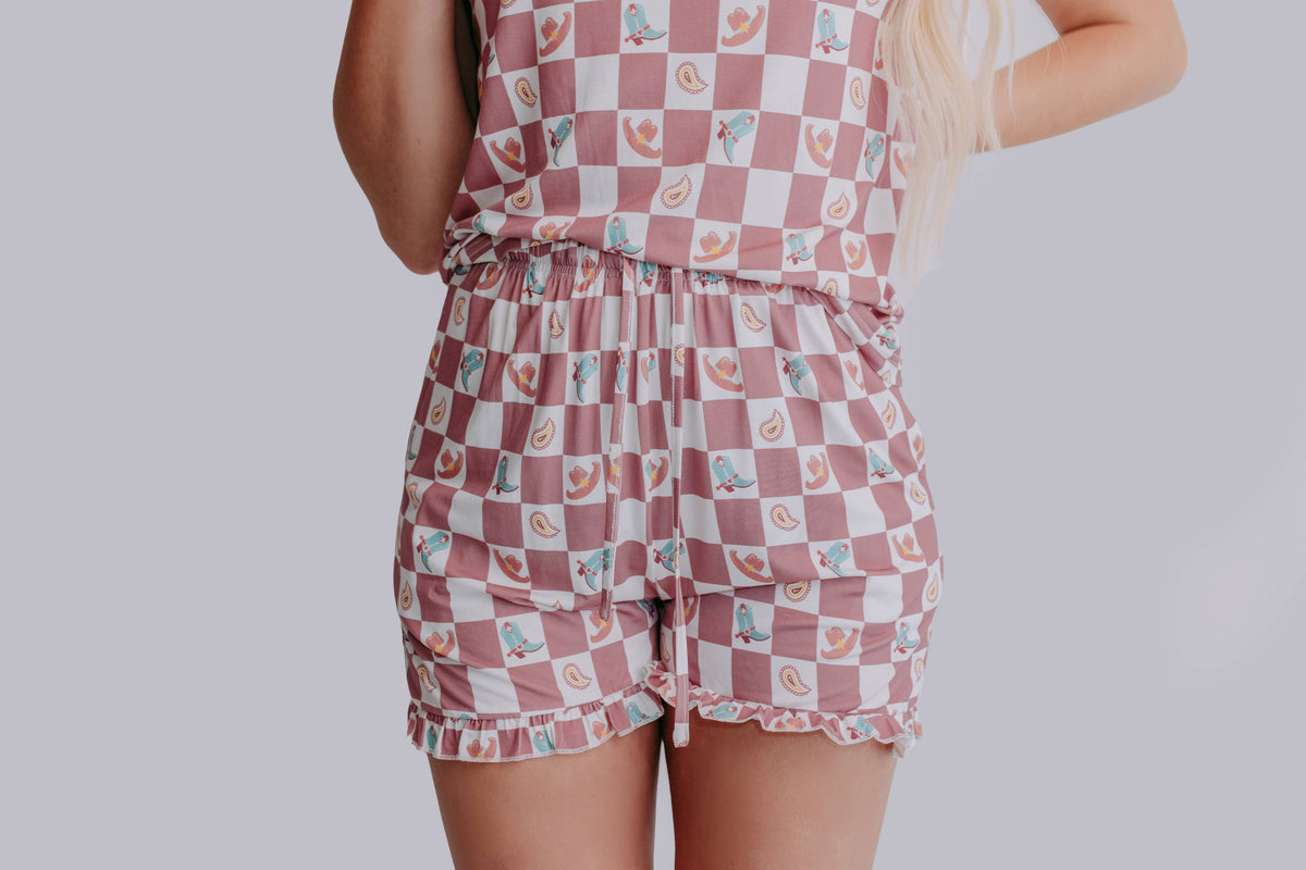 Western Checkers Modal Pajamas Shorts Set: Mauve