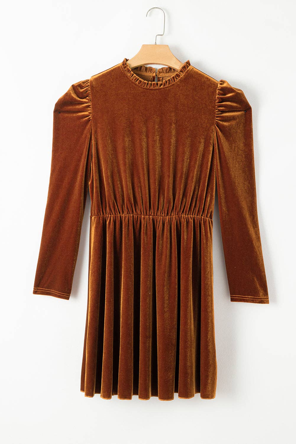 Velvet Frilled Neck Puff Sleeve Mini Dress: Chestnut
