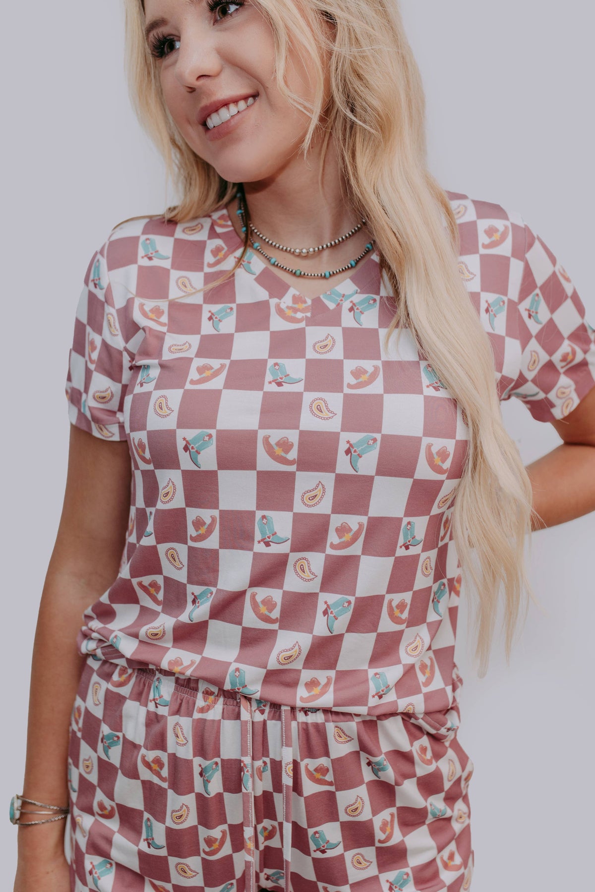 Western Checkers Modal Pajamas Shorts Set: Mauve