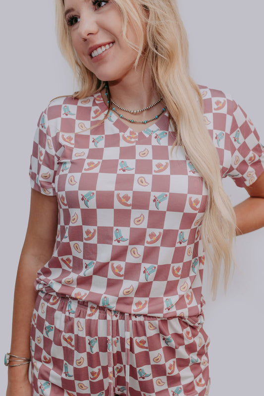 Western Checkers Modal Pajamas Shorts Set: Mauve