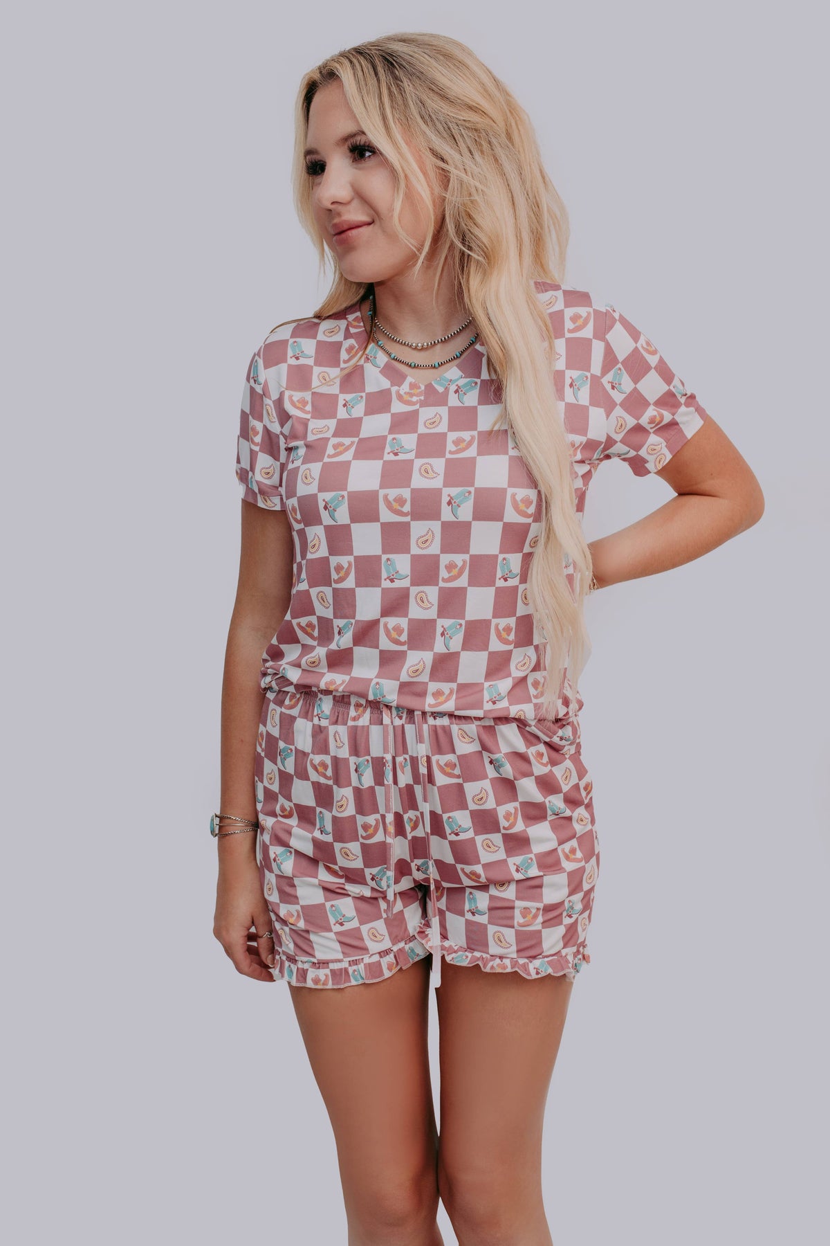 Western Checkers Modal Pajamas Shorts Set: Mauve