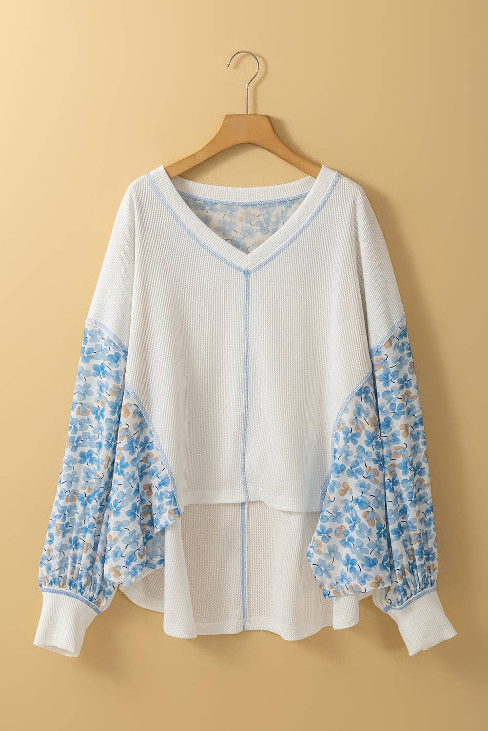 Floral Patchwork Batwing Sleeve V-Neck Blouse: White