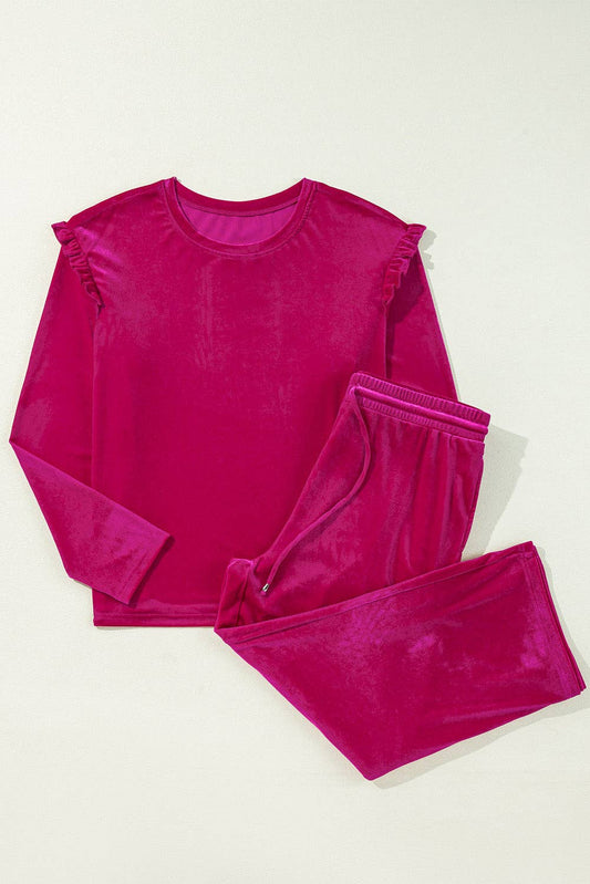 Solid Velvet Ruffle Top And Pants Set: Rose Red