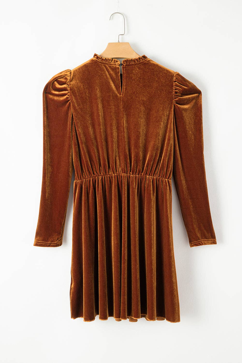 Velvet Frilled Neck Puff Sleeve Mini Dress: Chestnut