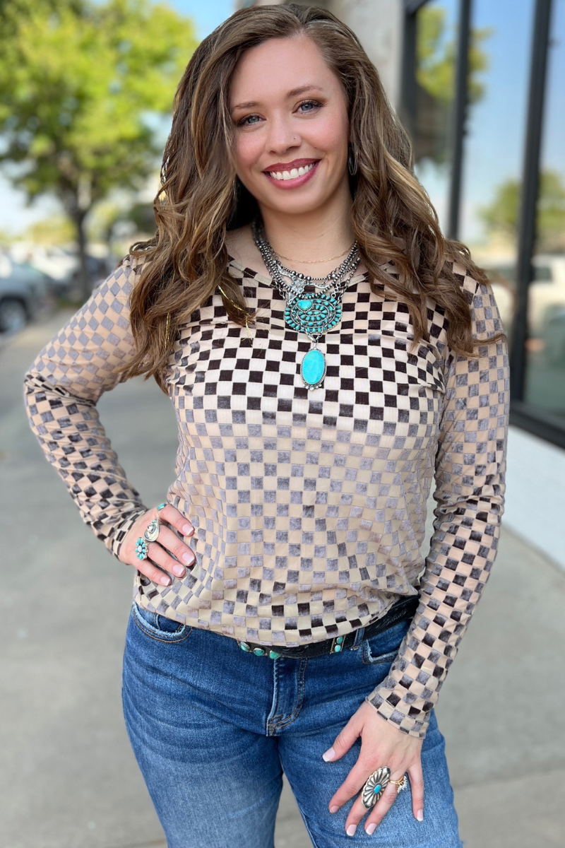 Sweet Dreams Velvet Mesh Top Crew Neck
