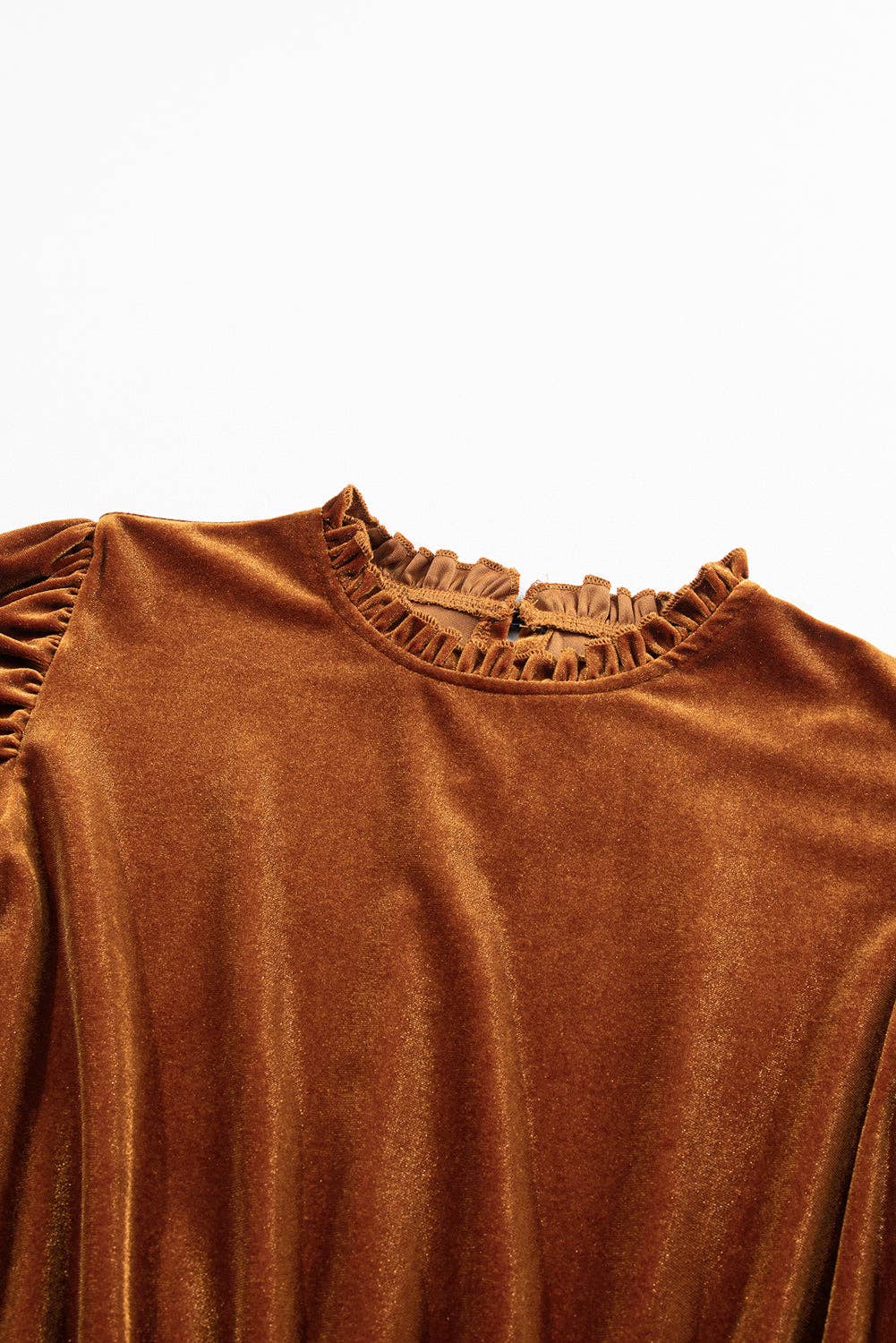Velvet Frilled Neck Puff Sleeve Mini Dress: Chestnut