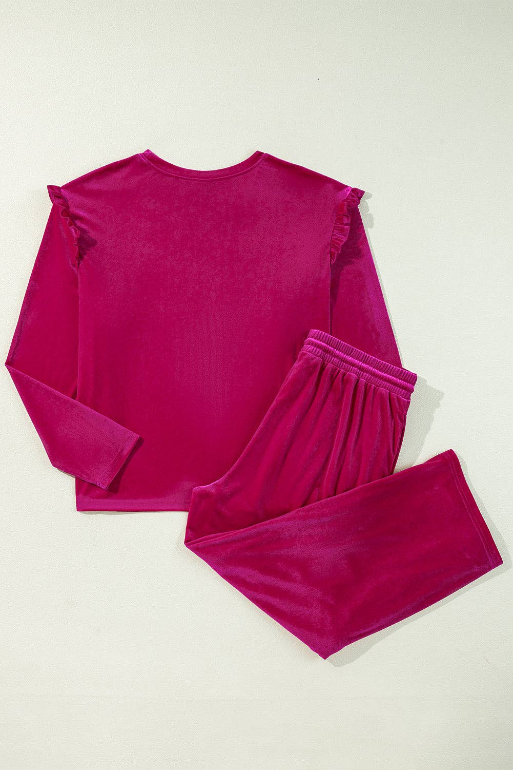 Solid Velvet Ruffle Top And Pants Set: Rose Red