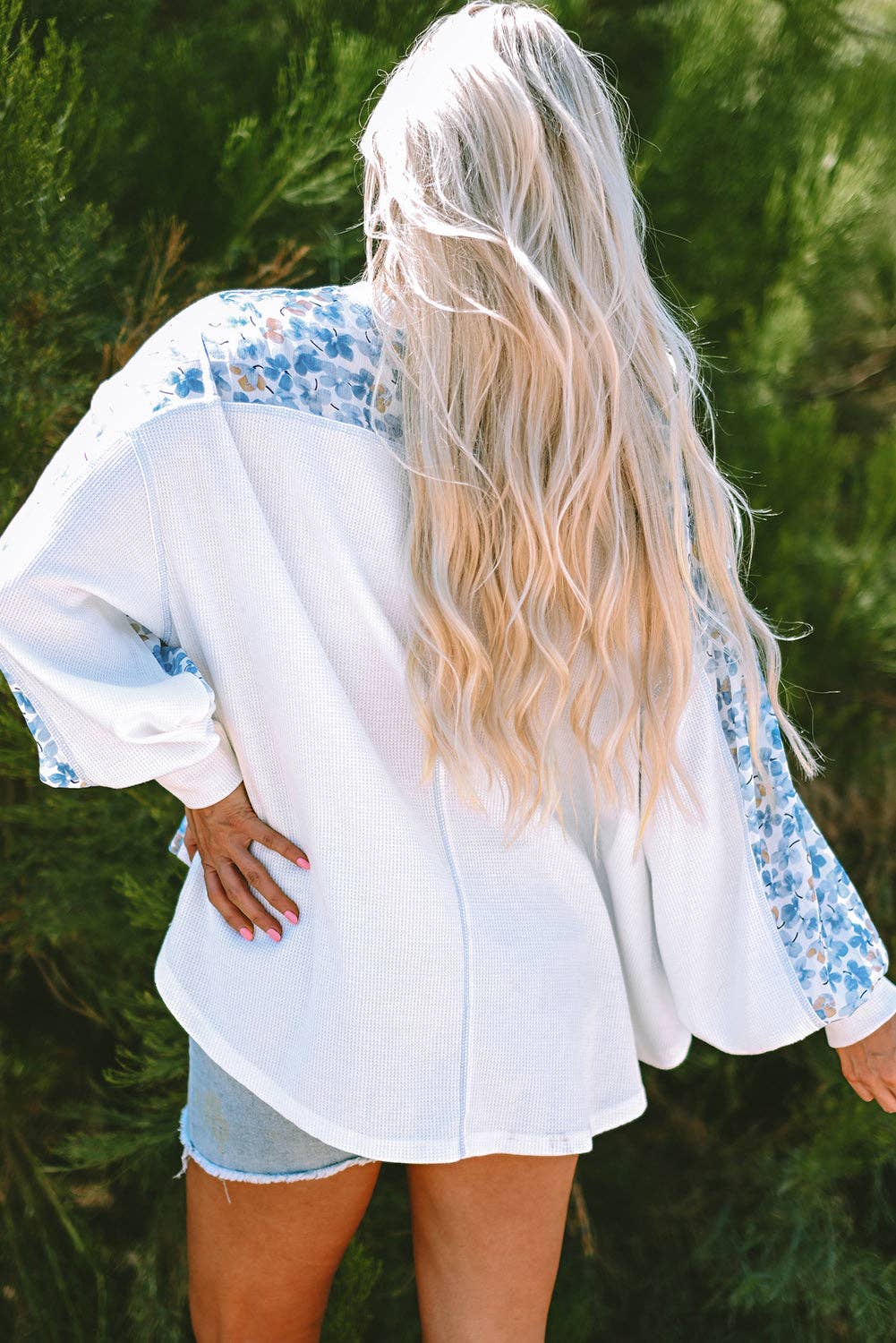 Floral Patchwork Batwing Sleeve V-Neck Blouse: White