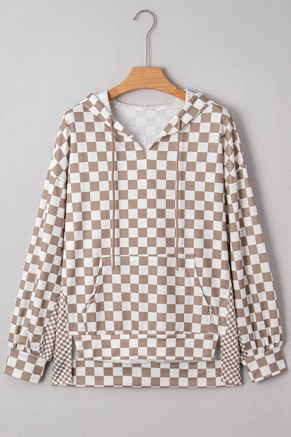Checker Patchwork Drawstring Oversized Hoodie